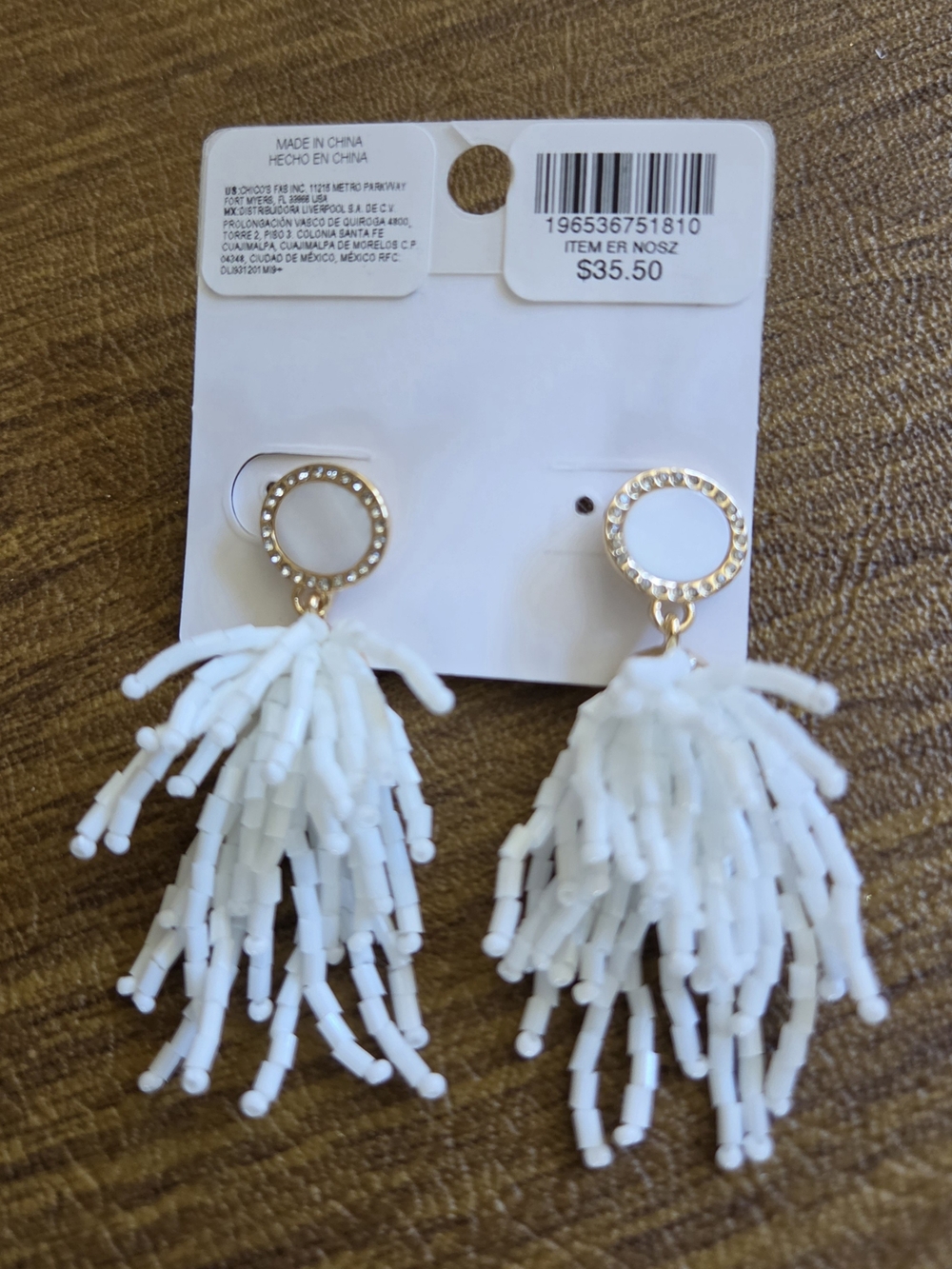 Chico's White Beaded Tassel Drop Earrings with Gold Circles